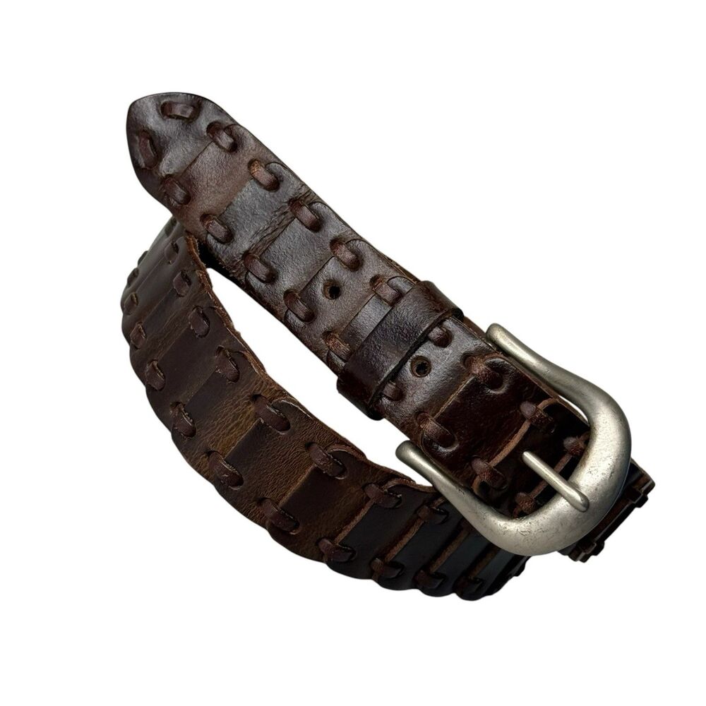 Vintage 90s Brown Leather Laced Segmented Link Belt 36 Silver Horseshoe Buckle